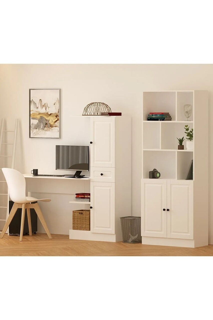 Set birou si biblioteca, Hanah Home, Rb1000401557, 155x150x40 cm, Alb mat - imagine 7